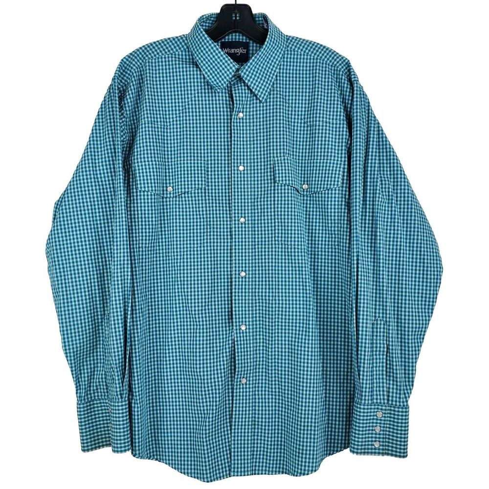 Vintage WRANGLER Shirt Mens Large Blue Shepard Check Plaid Pearl Snap Western